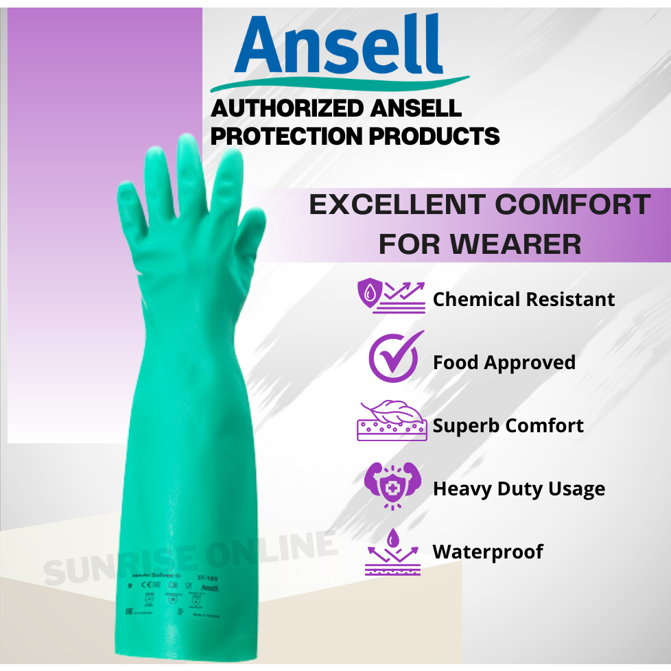 Ansell Solvex 37-185 ถุงมือไนไตรล์ทนสารเคมีล้างจานถุงมือเคมีแม่บ้าน