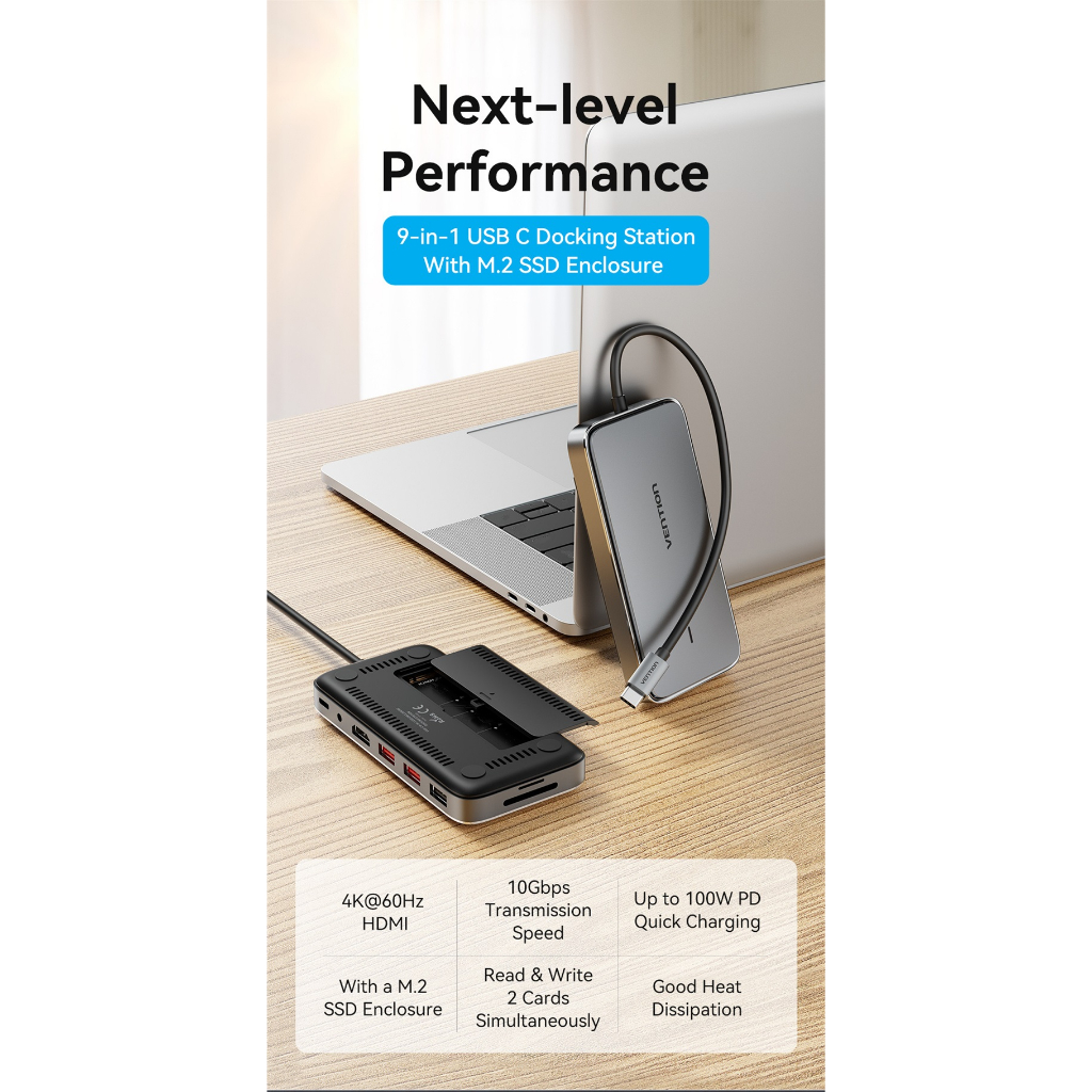 Vention USB Type C Hub 9 in 1 Docking Station with M.2 SSD Enclosure HDMI 2.0 USB 3.1 TF SD 3.5mm PD