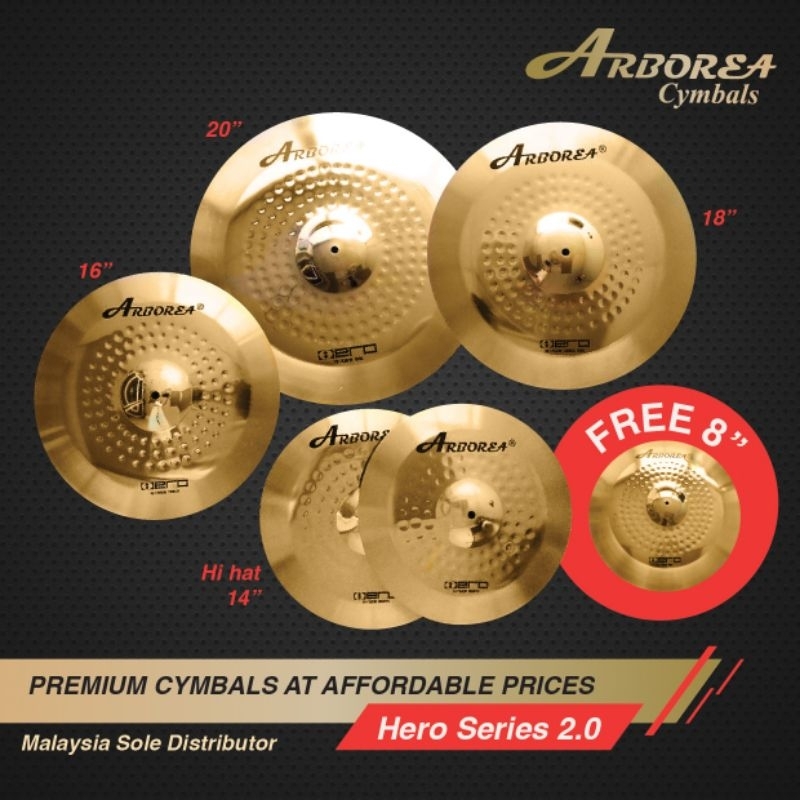 Arborea Hero 2.0 Series Cymbal SET 14" 16" 18" 20" มาในชุด ฟรี 8" SPLASH