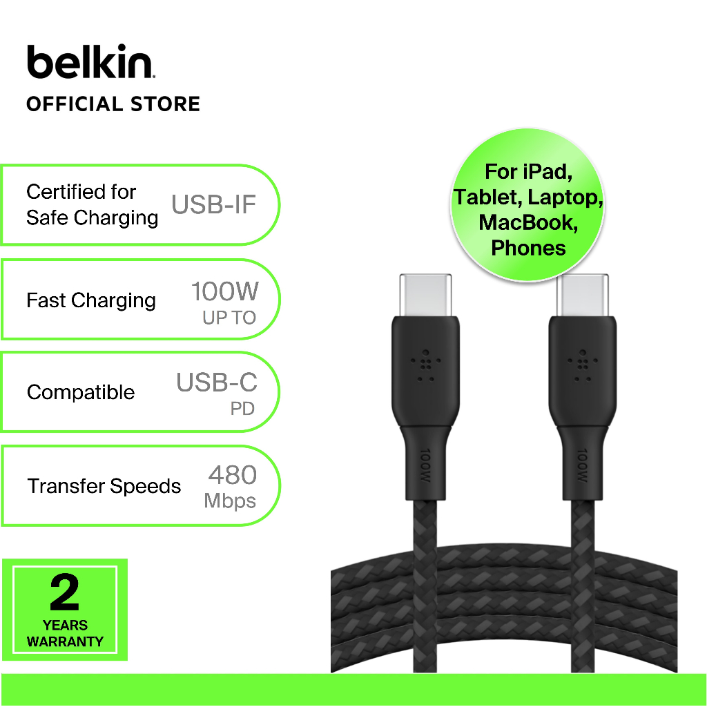Belkin CAB014bt BoostCharge USB-C to USB-C 100W Cable 2M/3M (iphone16,samsung,ipad,macbook,tablet,la