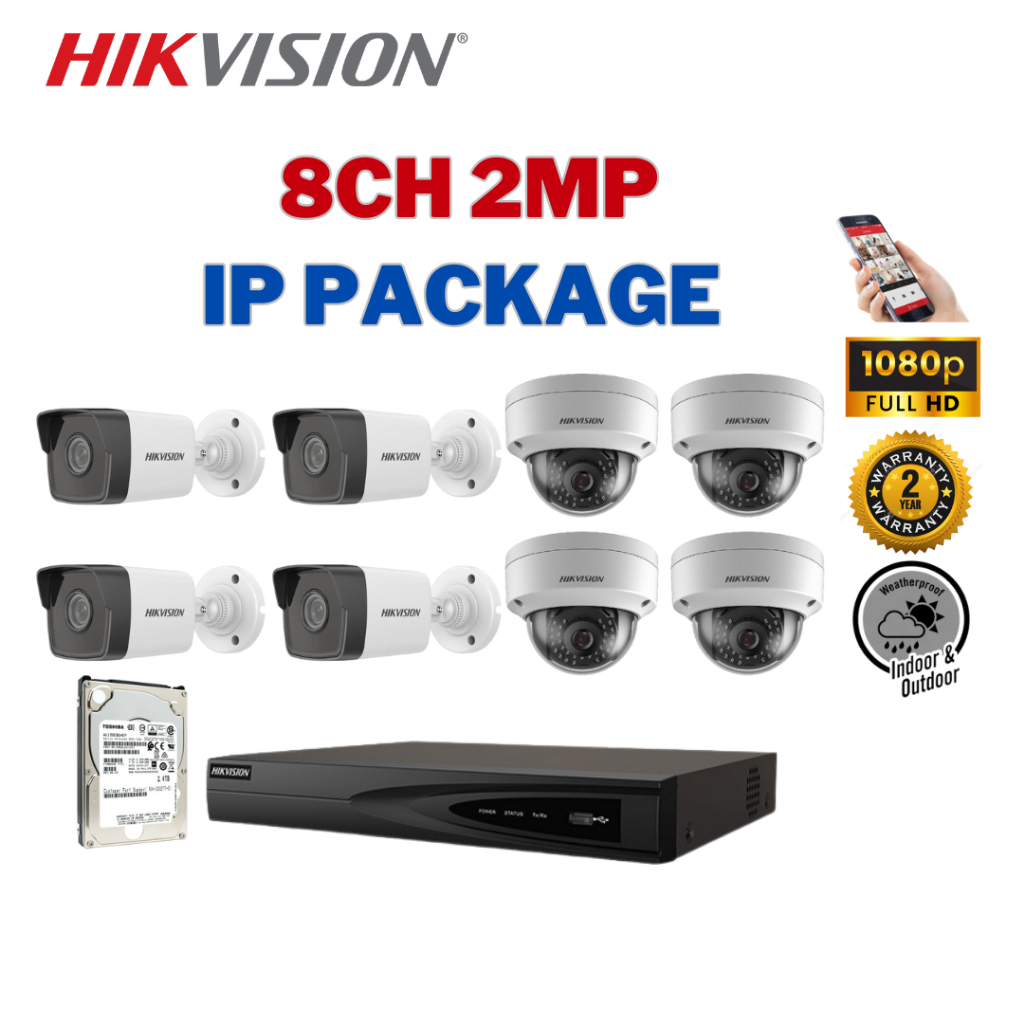 HIKVISION CCTV SET (World No. 1) เครือข่าย IP 8CH 2MP DS7608NI-Q1/8P/DS-2CD1023G0E-I/DS-2CD1123G0E-I
