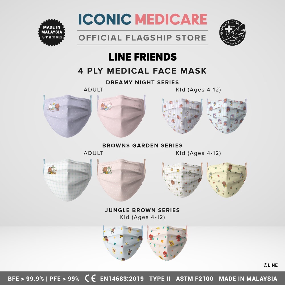 Line Friends Iconic Medicare 4 Ply Adult/Kid Medical Face Mask (30 ชิ้น)