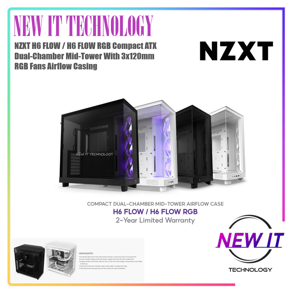 NZXT H6 FLOW / H6 FLOW RGB Compact ATX Dual-Chamber Mid-Tower With 3x120mm RGB Fans Airflow Desktop 