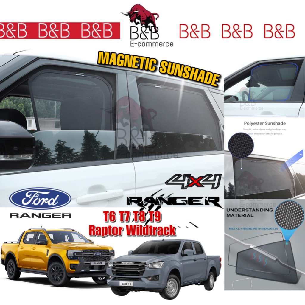 (A) Ford Ranger T6 T7 T8 T9 Raptor Ranger Wildtrack 2011 - 2023 รถแม่เหล็กบังแดดแม่เหล็กแม่เหล็ก Sun Shade Ranger T9 (4 ชิ้น)