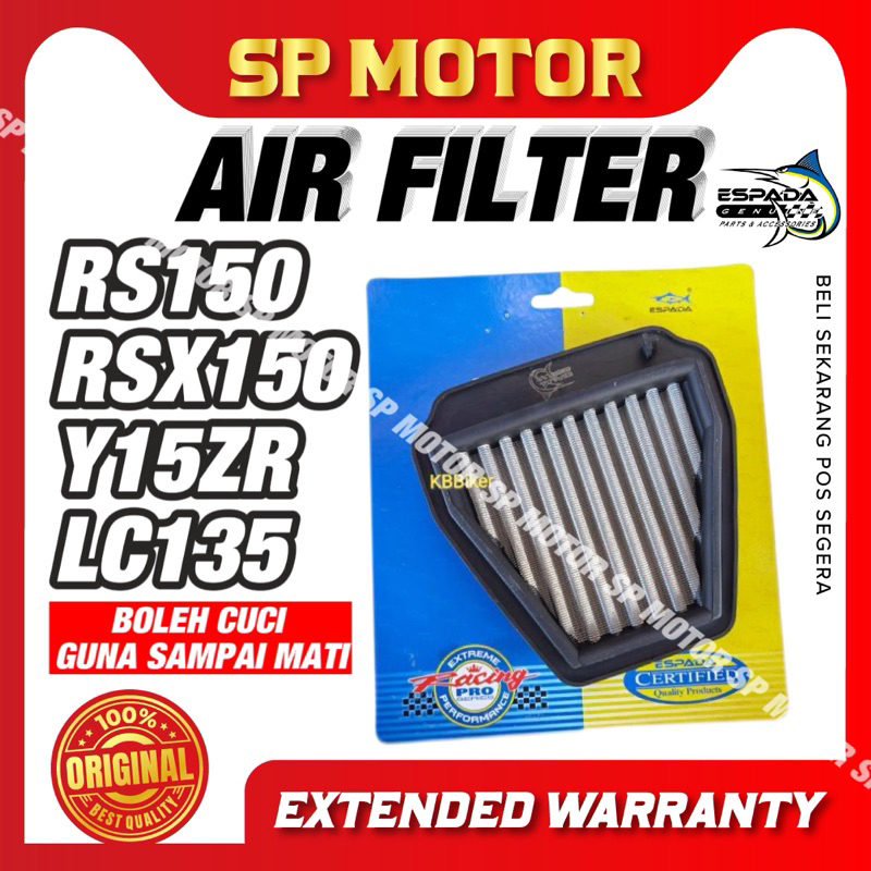 100% ESPADA RACING AIR FILTER RS150 V1 V2 RSX150 Y15ZR LC135 PENAPIS KOTAK ANGIN AIR CLEANER CUCI RS