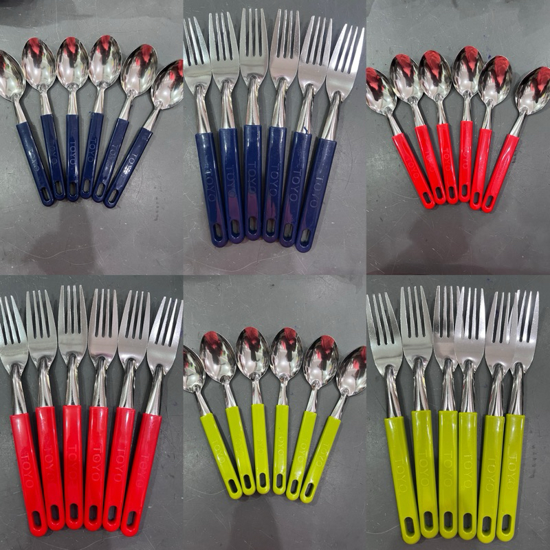 Mk.wares (6PC-1Pack) เหล็กชุบอ่อนสําหรับK & SPOON/SUDU DAN GARPU STEEL TANGKAI PLASTIK/Sudu&Garpu สี
