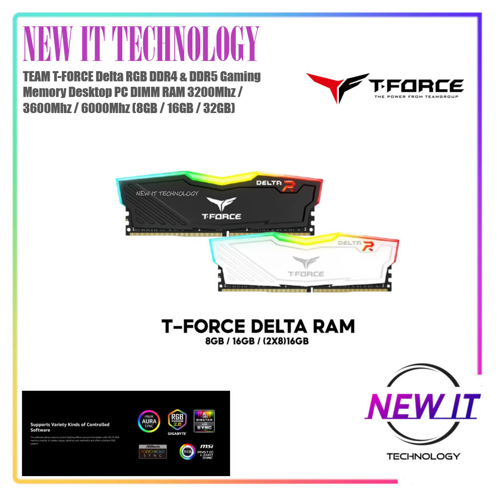 TEAM T-FORCE Delta RGB DDR4 & DDR5 หน่วยความจําสําหรับเล่นเกมเดสก์ท็อป PC DIMM RAM 3200Mhz / 3600Mhz