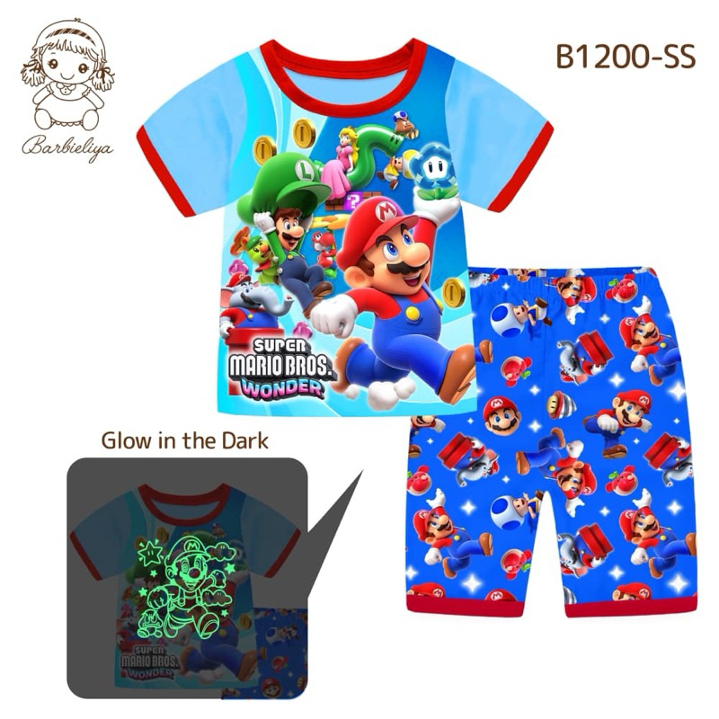 Barbieliya B1200SS Mario Glow In The Dark Boy ชุดลําลอง (3/4/8/9/10/11/12/13y)