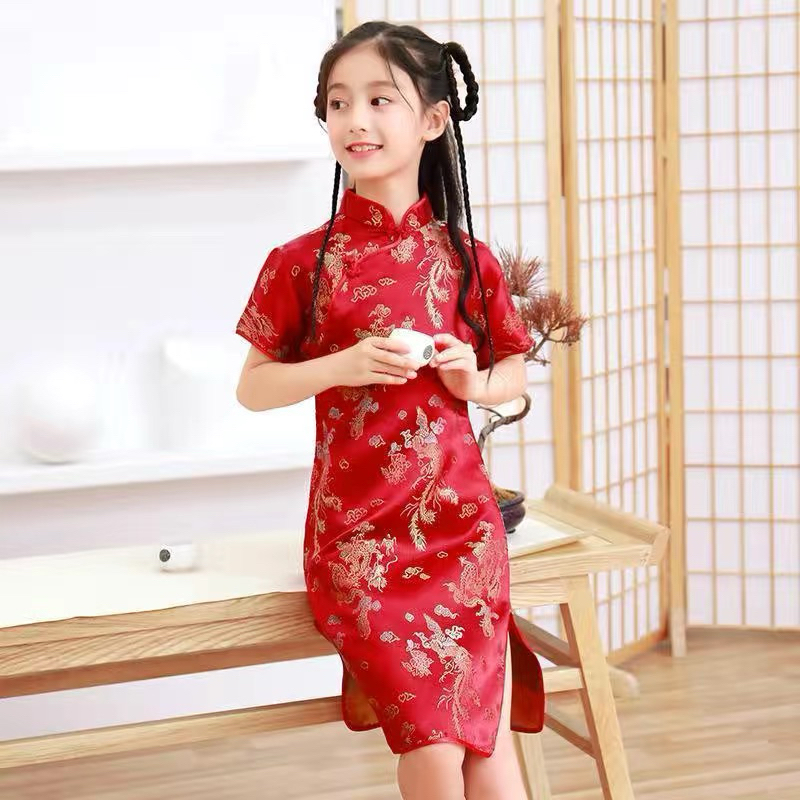 เด็ก cheongsam 1-7 YO เด็กผู้หญิง CNY ปีใหม่ Cheongsam ชุด CNY ชุดคอปกเด็กสีแดง - สี