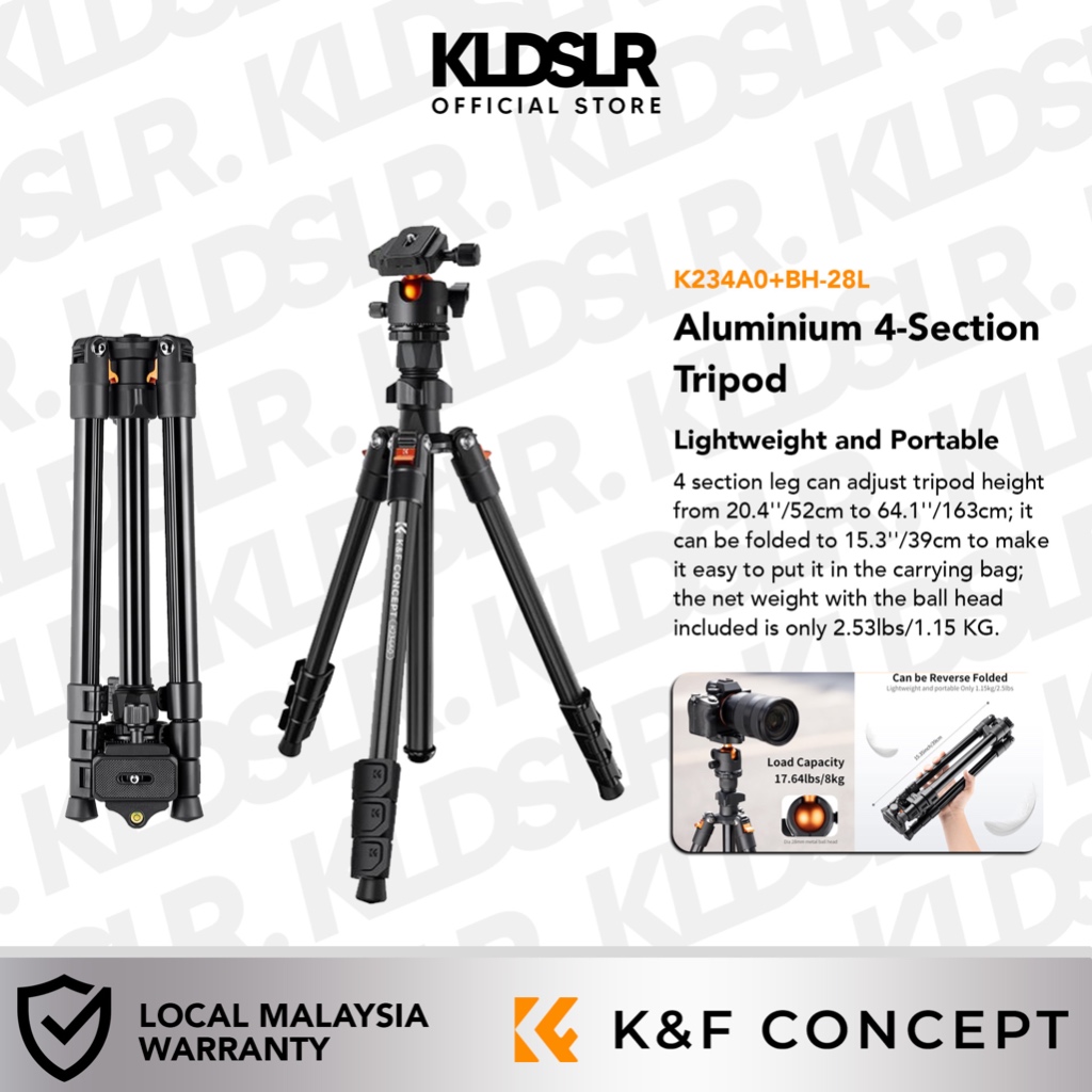 K&F Concept K234A0+BH-28L อะลูมิเนียม 4 ส่วน Payload ขาตั้งกล้อง 8กก. อัปเดตขาตั้งกล้อง K&F Concept 