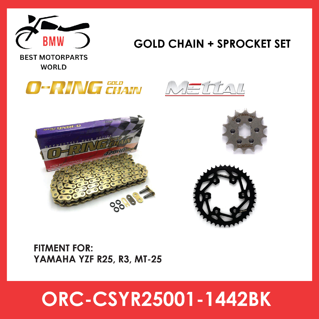 O-RING 520-114 โซ่ทอง + ชุดสเตอร์ Mettal สําหรับ YAMAHA YZF R25, R3, MT-25 โดย Bestmotorpartsworld