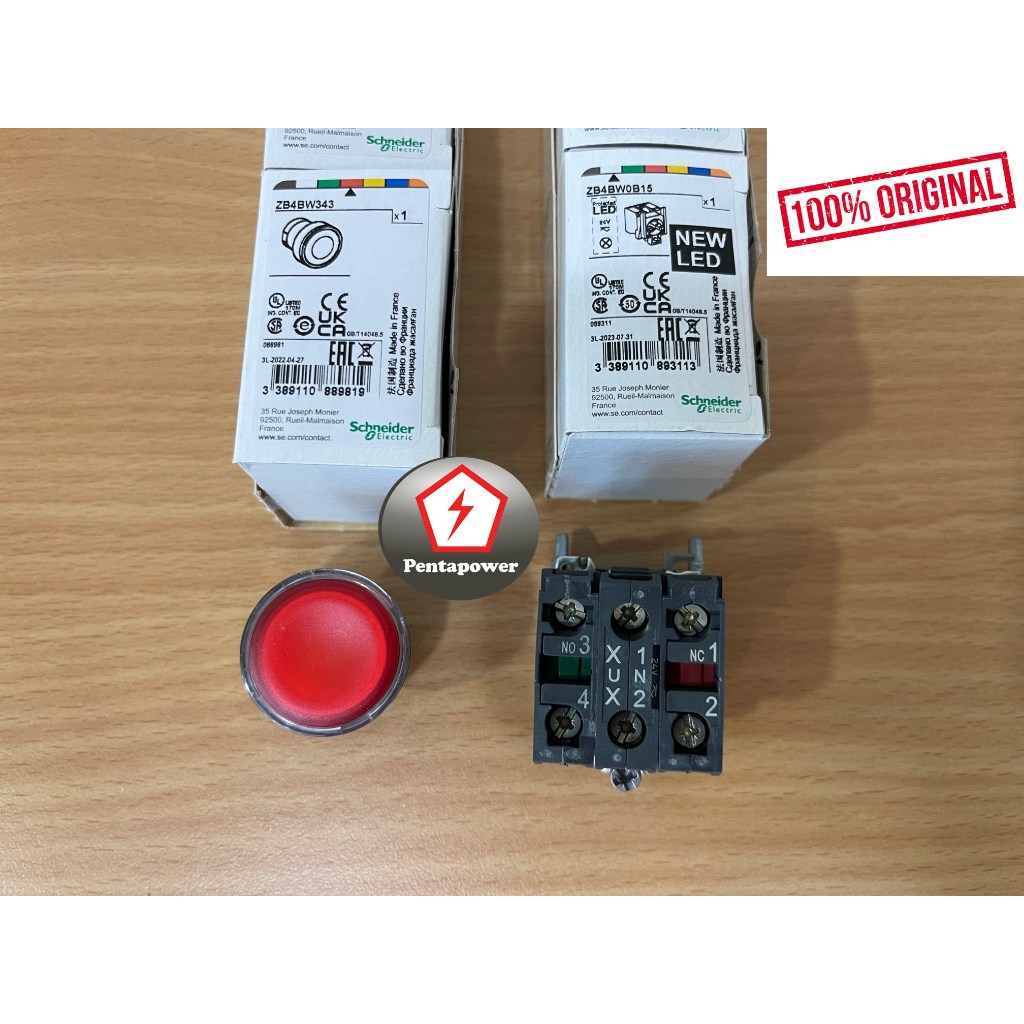 Schneider XB4BW34B5 ( ZB4BW343 + ZB4BW0B15 ) ปุ่มกดเรืองแสง โลหะ สีแดง Ø22 คืนสปริง 24 V AC/DC