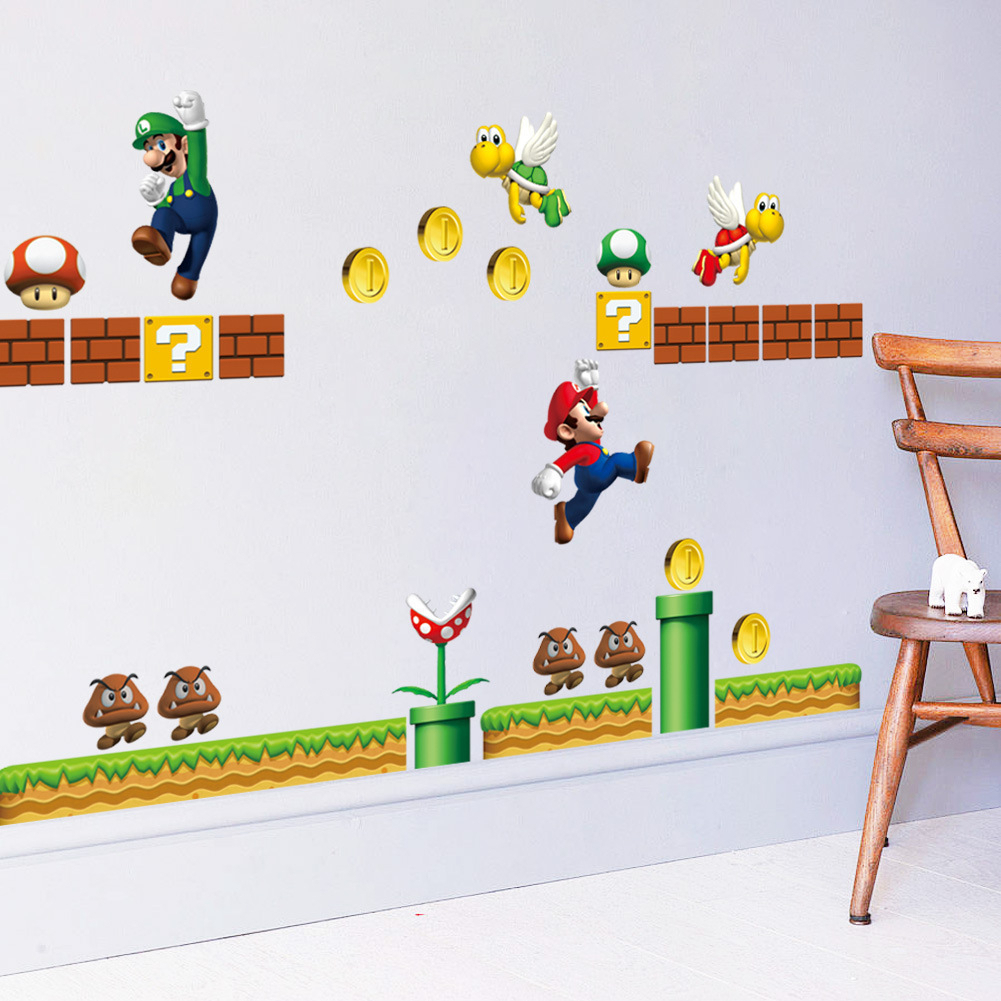 Super Mario Bros วอลล์เปเปอร์สติ๊กเกอร์ติดผนังห้องนอนเด็ก 3D พื้นหลังโปสเตอร์ Dinding Bilik Tidur Kanak Mario