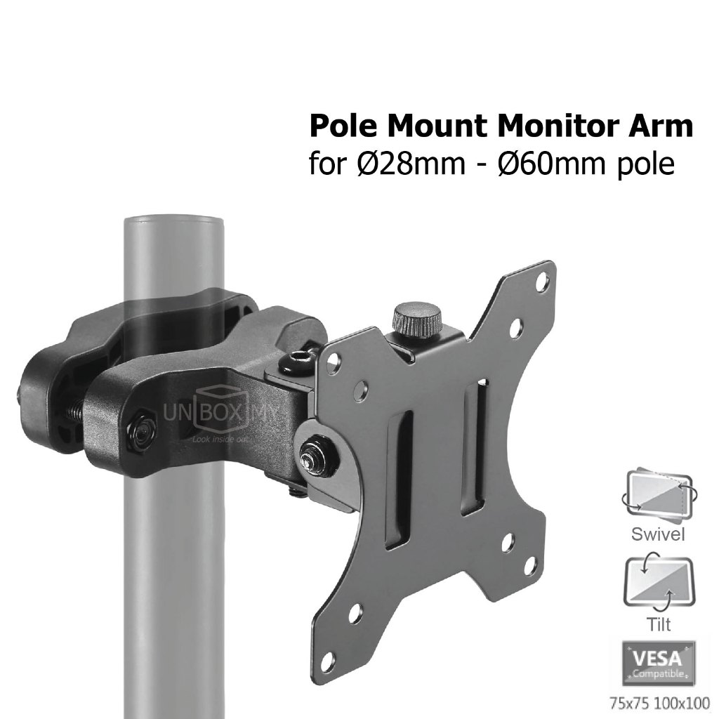 Pivot Pole Mount Monitor Arm TV Holder Bracket Tilt Swivel หมุน 28-60 มม. เส้นผ่านศูนย์กลางเสา VESA 100 มม.