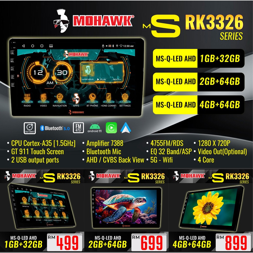 Mohawk MS Series RK3326 Kereta Car Android Player Plug n Play Carplay AHD Carplay สําหรับ Proton Per