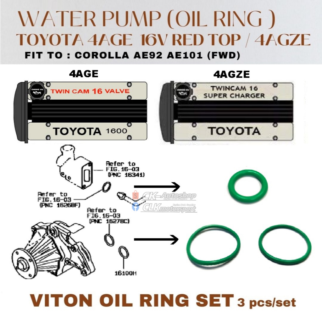 Toyota 4AGE 16V Non TVIS Red Top / 4AGZE 16V Supercharger ปั๊มน้ํา Viton Oil Ring ชุดสําหรับ Corolla