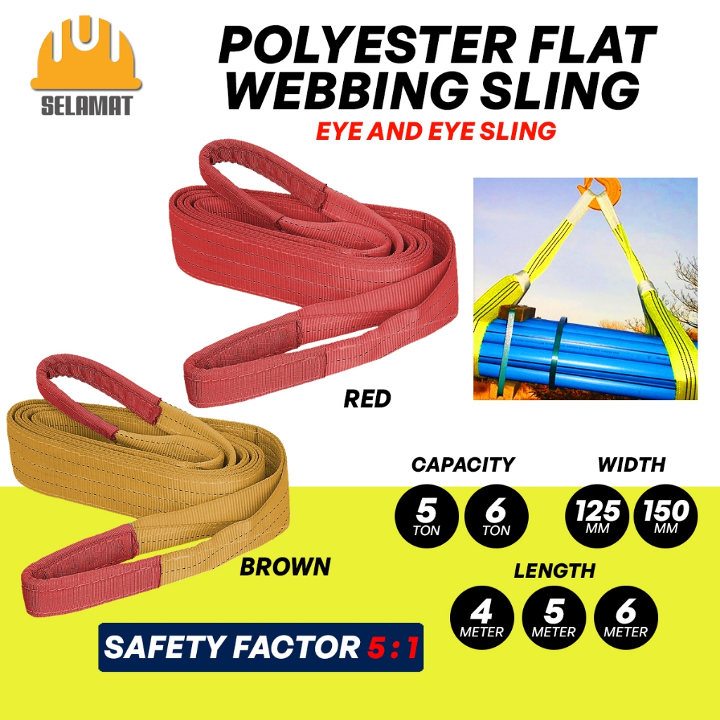 Selamat Poliester Flat Webbing Lifting Sling 125MM/150MM (W) x 5 TAN/6 TAN x 4M, 5M, 6M (L) - Merah/