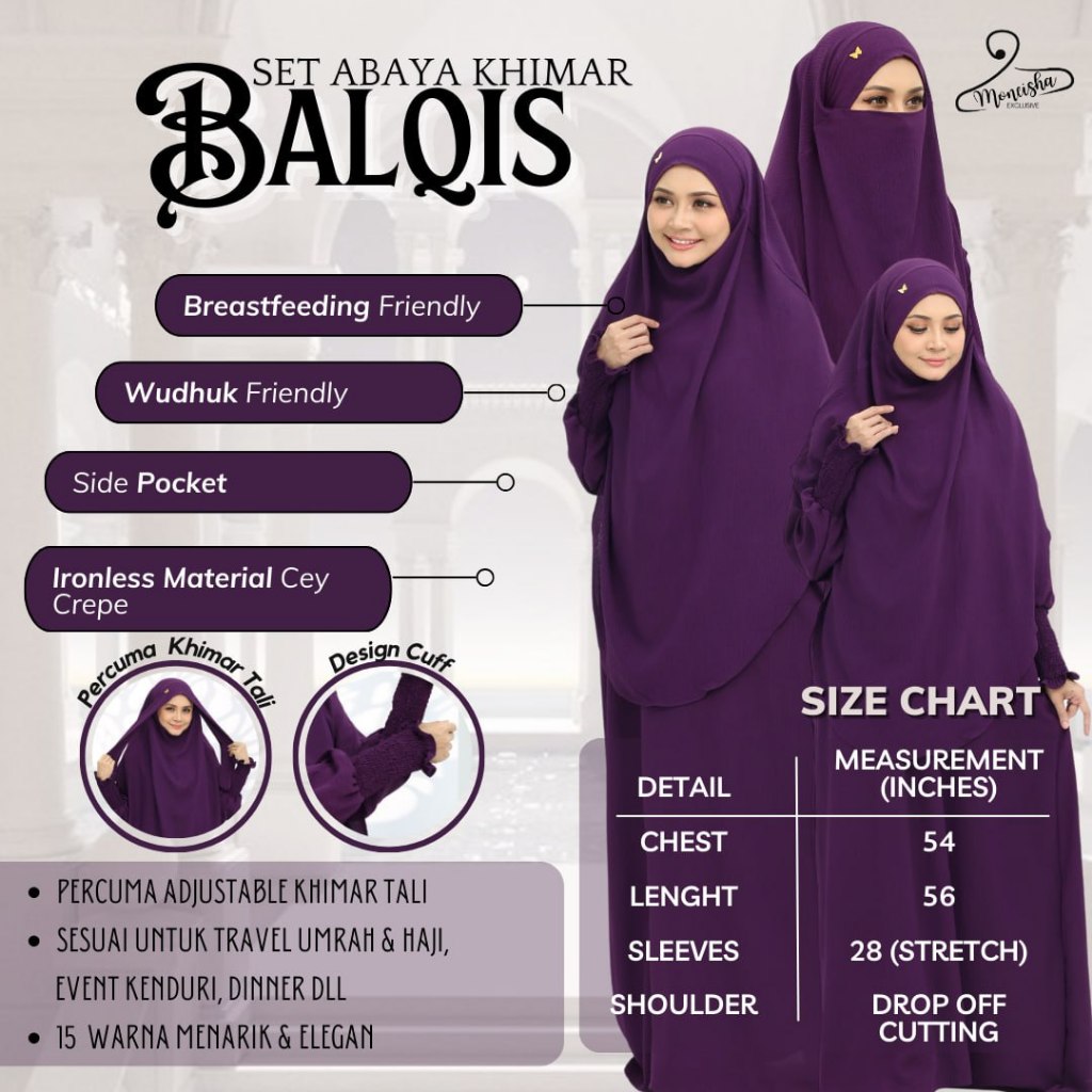 Balqis ชุด ABAYA KHIMAR UMRAH และ HAJJ TRAVEL KAIN CEY CREPE IRONLESS & PERCUMA KHIMAR TALI