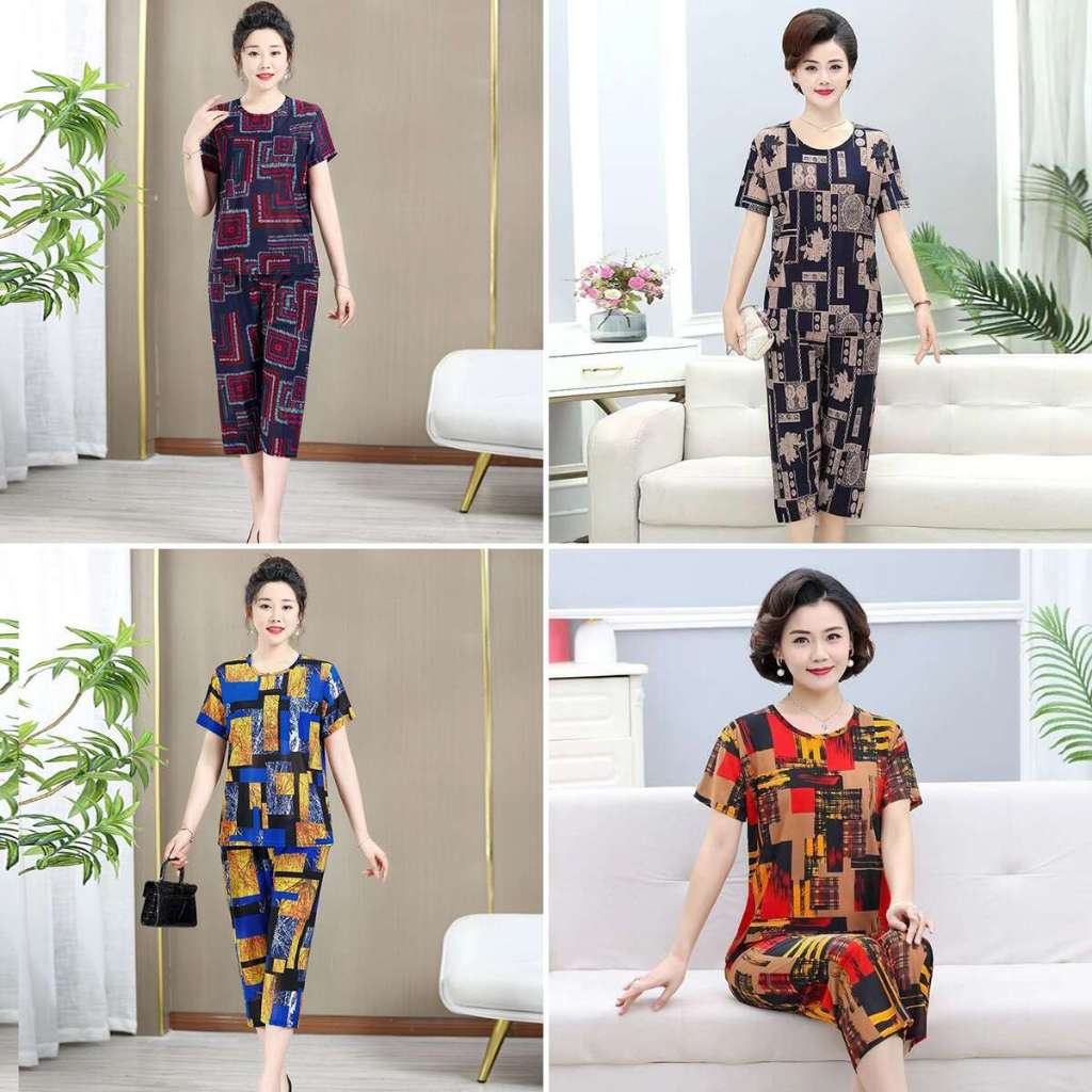 ชุดนอนเสื้อแขนยาวสําหรับแม่ชุดนอนหญิงชราสวมใส่วัยกลางคนผู้สูงอายุเสื้อยืดแขนสั้นชุด T315