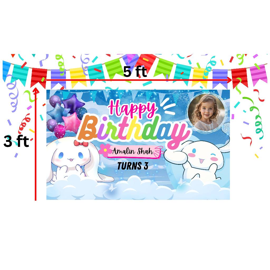 CINNAMOROLL แบนเนอร์วันเกิด 3 ฟุต x 5 ฟุต (90 ซม. x 150xm) ฟรี Lubang 4 อัน