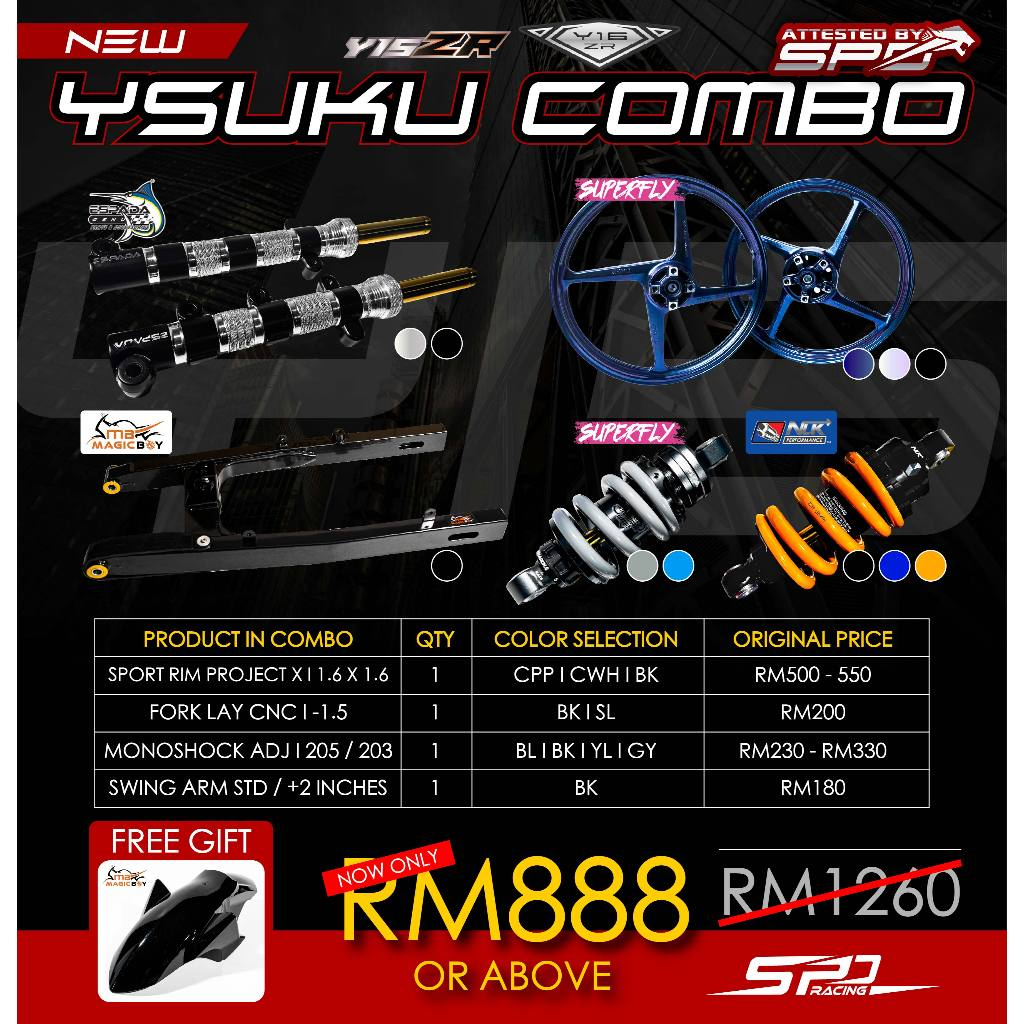 RM888 เท่านั้น I Ysuku Combo ชุด I ขอบกีฬา + สวิงอาร์ม + 2 INCH / Monoshock ปรับ + ส้อม Lay /1.5 I P