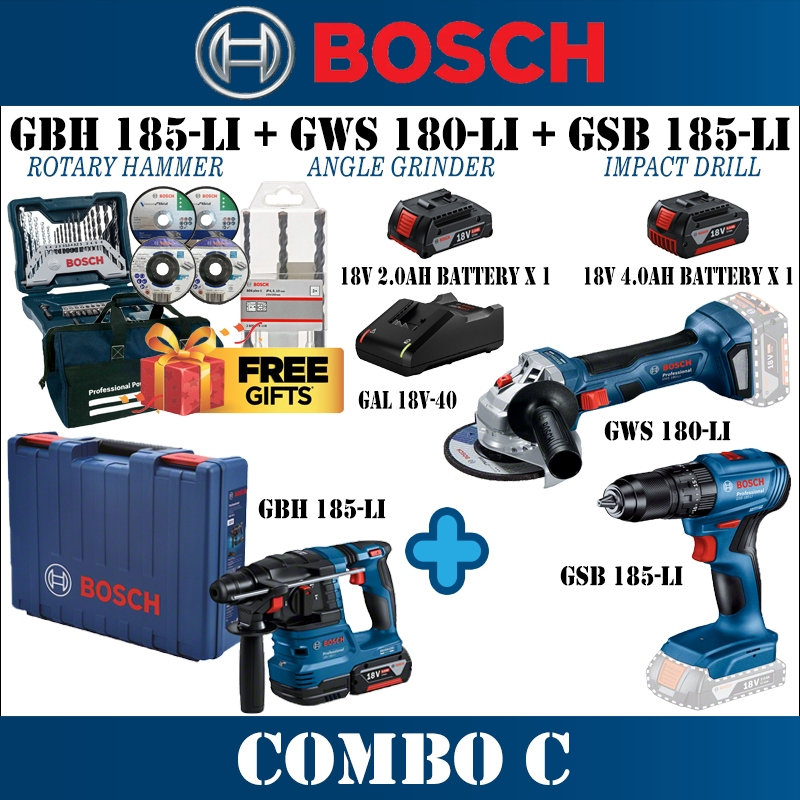 BOSCH 18V Essential Combo C GBH 185-LI สว่านโรตารี่ GWS 180-LI เครื่องบดมุม GSB 185-LI Combi GBH185 