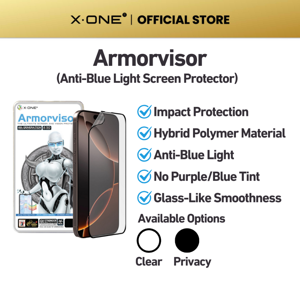 XD One Armorvisor สําหรับ iPhone 17,16e,16,15,14,13 Pro Max - Clear Anti Blue Light Privacy Fullscre