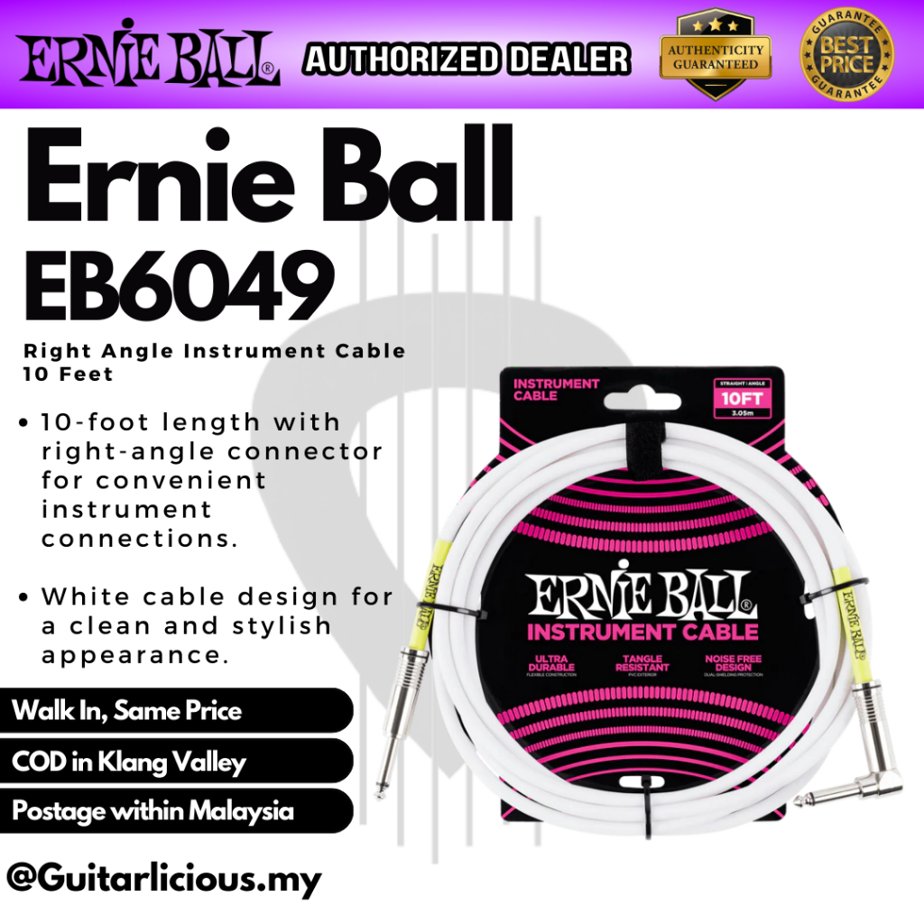 Ernie Ball 10ft สายเครื่องมือตรงมุมขวา สีขาว ( EB6049 ) (10 ฟุต / 3 เมตร)