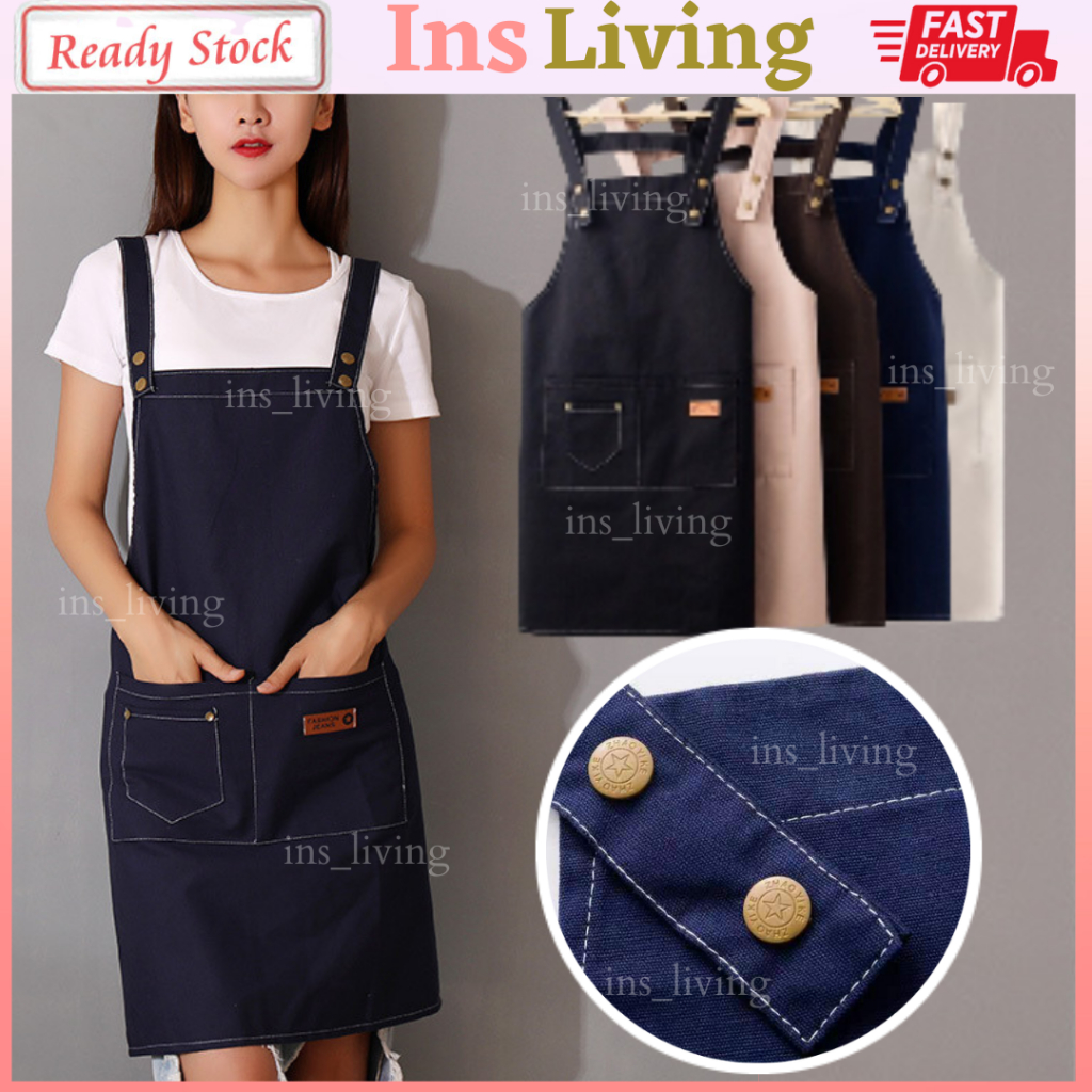 ผ้ากันเปื้อนครัว Chef Apron สีดํา H-Type การออกแบบสายรัดผ้ากันเปื้อนผ้ายีนส์พร้อมกระเป๋าสีดําสีฟ้า 厨