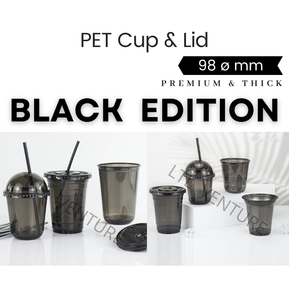 14/16/22/24oz สีดํา PET ถ้วยพลาสติกแบบใช้แล้วทิ้ง 98 มม.และฝาปิด/โดม/Sippy/Flat/Take Away ดื่ม/รูปตัว U