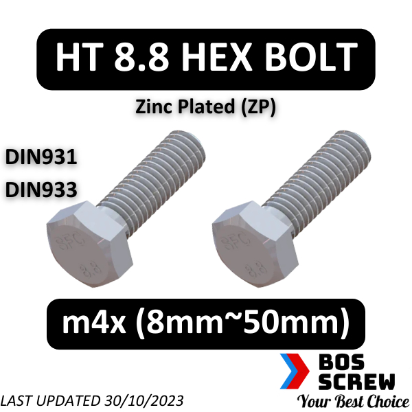 HT Hex Bolt m4 x 8mm ~ 50mm (DIN931,933 Zinc Plated) (เกลียวหยาบ / Benang Kasar)