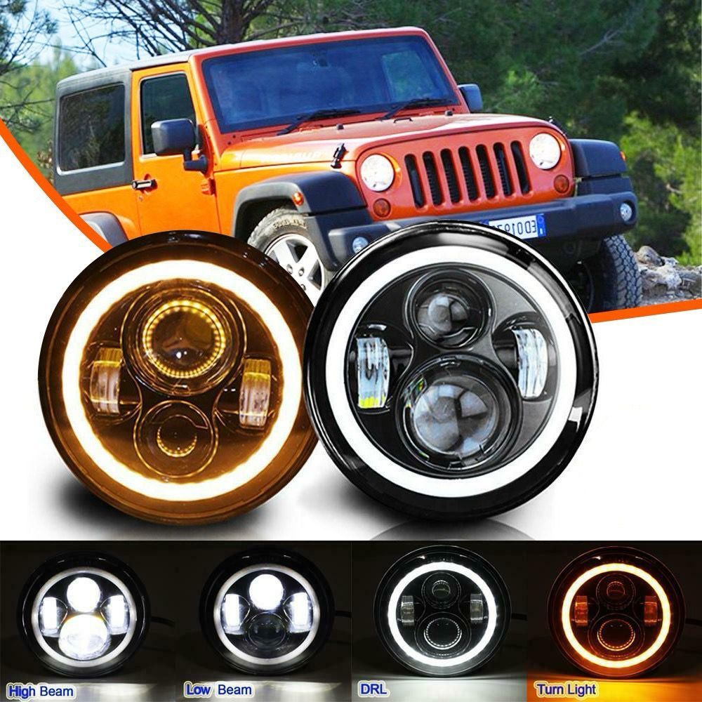 7 "รอบ LED ไฟหน้าโคมไฟ DRL Beam Mitsubishi Pajero L049 Land Cruiser BJ40 BJ70 Suzuki Jimny SJ413 Lan