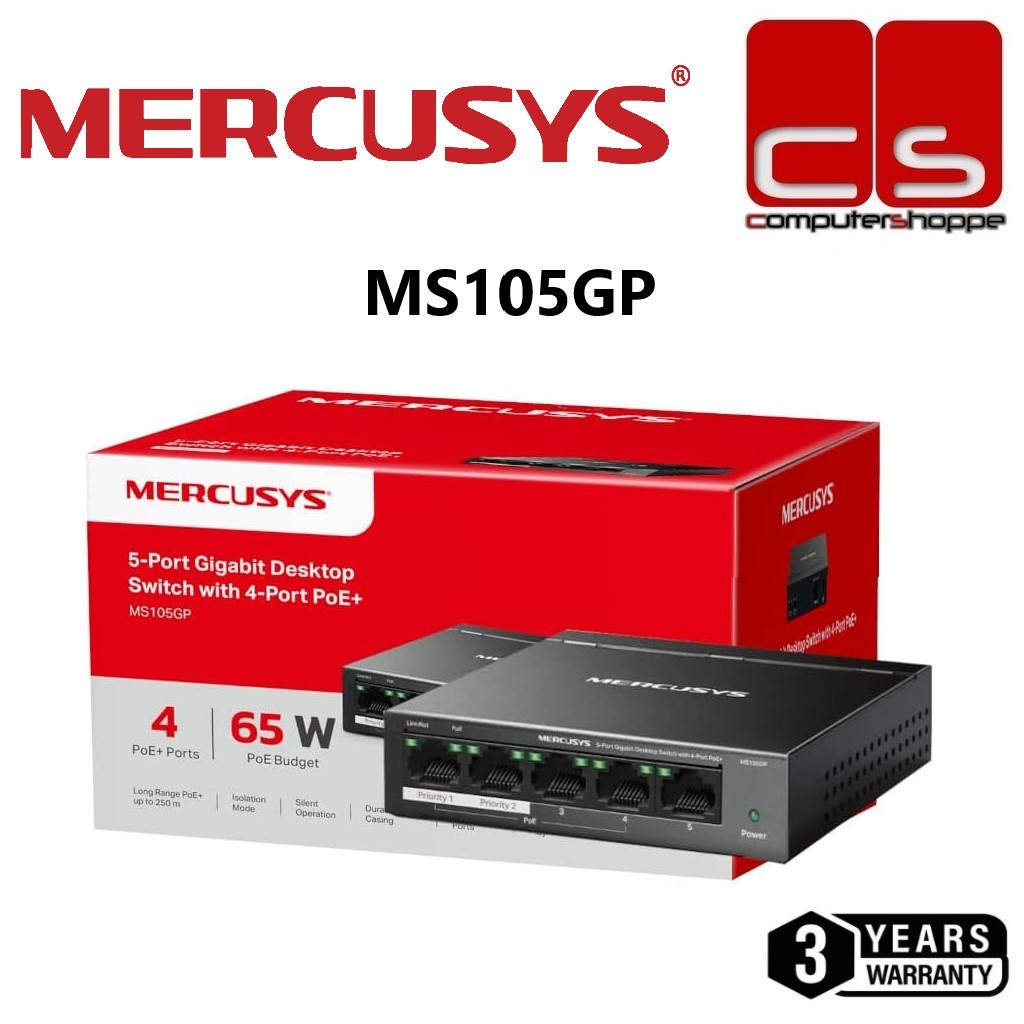 Mercusys 5-Port Gigabit Desktop Switch พร้อม 4-Port PoE+ - MS105GP
