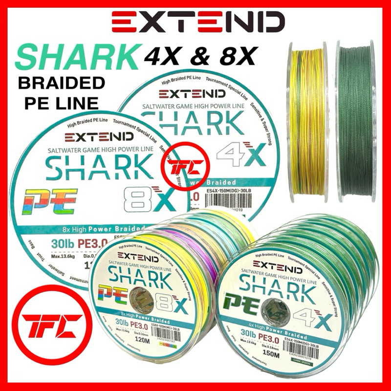 EXTEND Shark PE 4X & 8X สายตกปลาถัก 120m / 150m สีเขียวเข้มหลากสีน้ําเค็ม X4 X8 Emo Bravo Gachiri