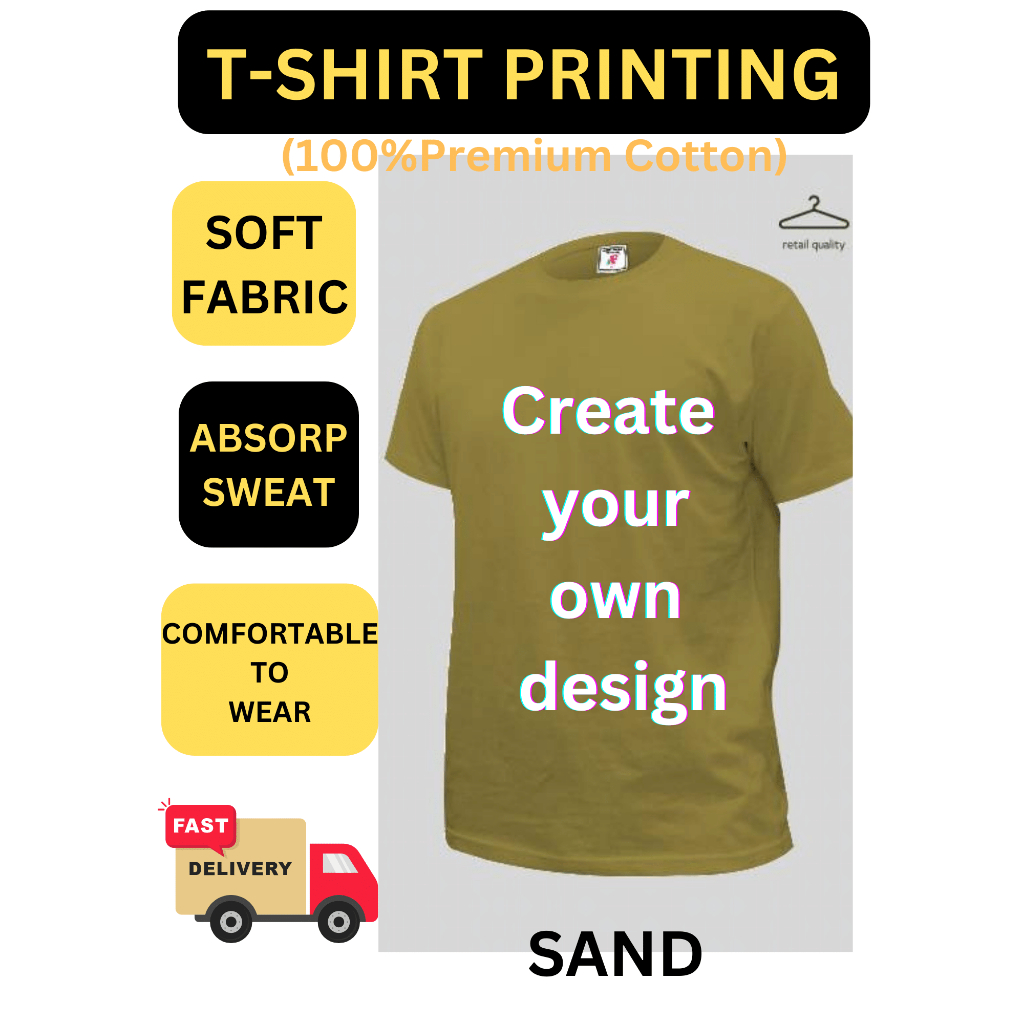 PREMIUM COTTON 100% KIDCOTTON Size & Adult Size Plain หรือ DTF Printing Sand Colour 24 ชั่วโมง Deliv