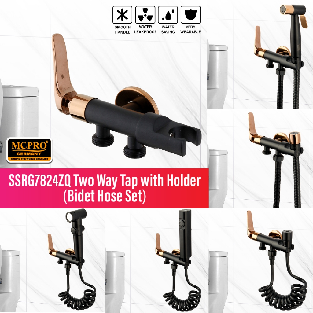 ก๊อกน้ําในห้องน้ํา Water Tap Stainless Steel Rose Gold Black Two Way Tap with Bidet Holder SSRG7824Z