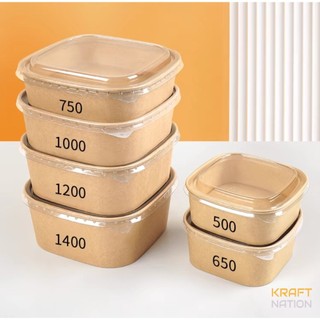 [Premium] Disposable Kraft Brown Paper Square Bowl Fruit Salad Bowl Food Packaging Containers Box with PET Lid纸碗/打包盒