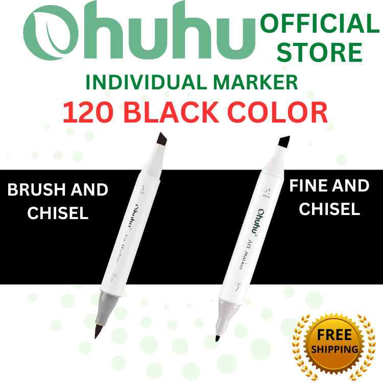 Ohuhu BLACK Indicate Marker , Brush & Chisel/ BLACK Indicate Marker , Fine & Chisel เครื่องหมายศิลปะ