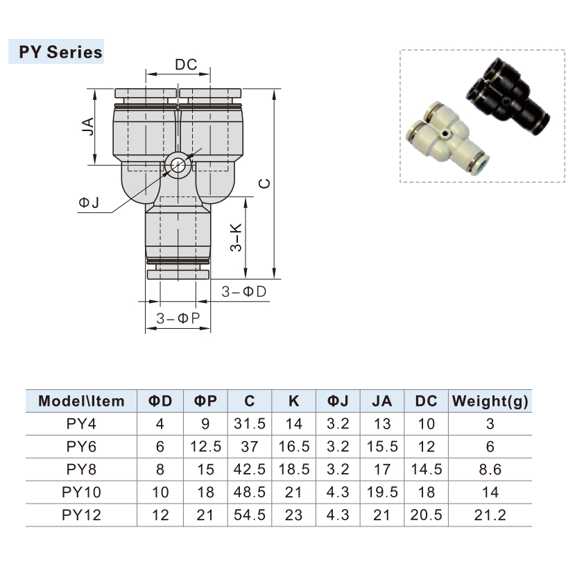 AirTac ข้อต่อนิวเมติก One Touch Fitting PY4 PY6 PY8 PY10 PY12
