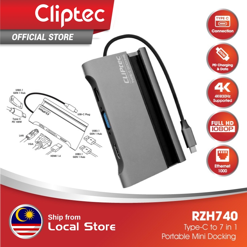 Cliptec VIEWNET-7 Type-C to USB+Type-C+HDMI+VGA+LAN Ports 7-in-1 Portable Mini Docking RZH740