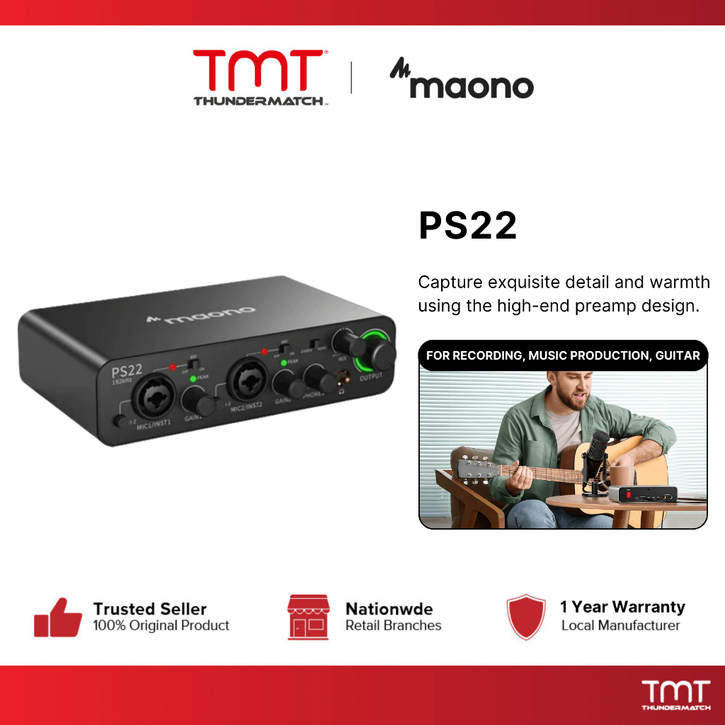 อินเทอร์เฟซเสียง Maono PS22 สําหรับการบันทึกที่บ้าน การผลิตเพลง การบันทึกกีตาร์