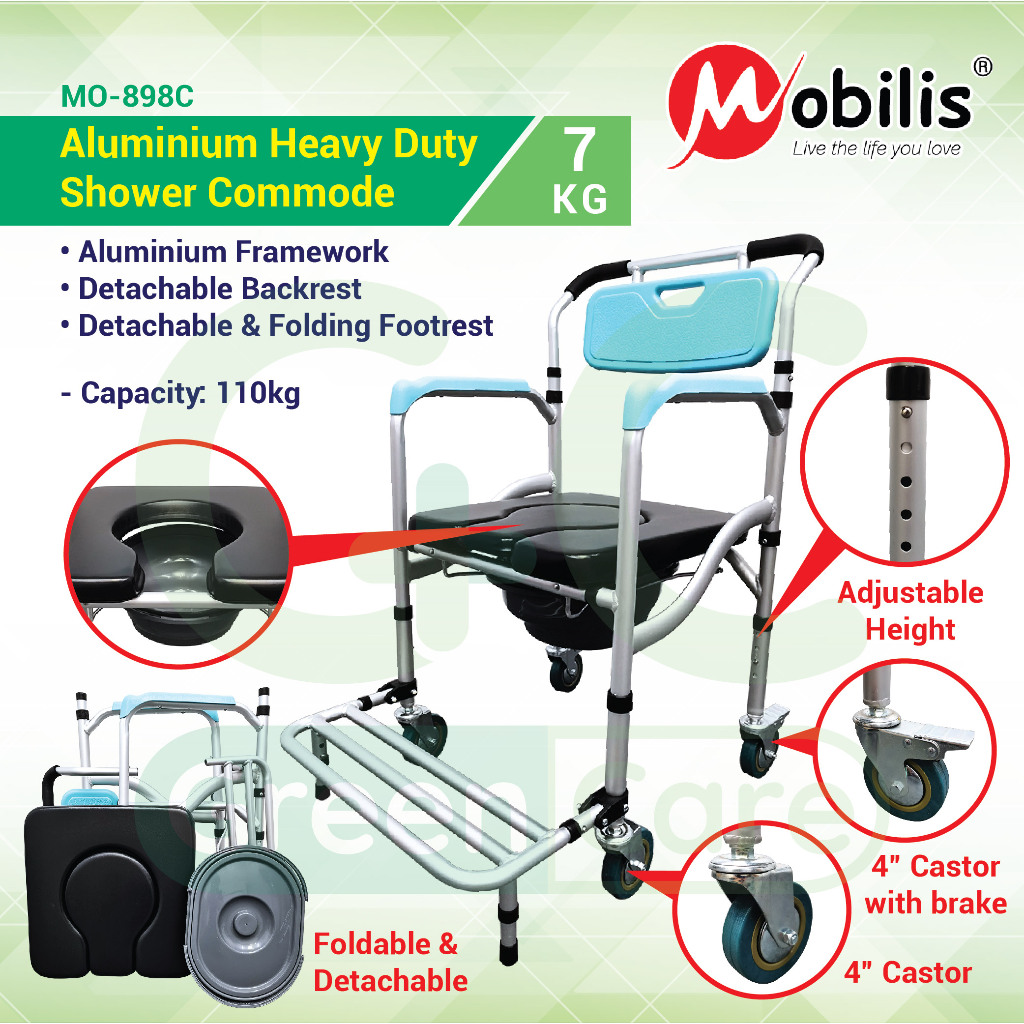 Mobilis Aluminium Heavy Duty Shower Commode &amp; Shower Chair MO 898C Kerusi komod / Tandas