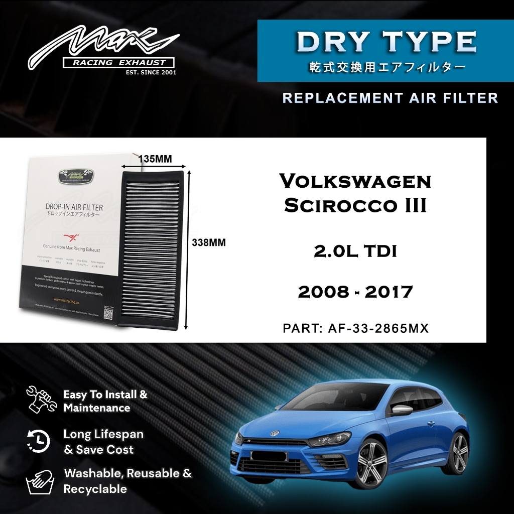 Volkswagen Scirocco III 2.0L TDI 2008 ถึง 2017 33-2865MX Max Racing Exhaust Performance Drop-in Dry 