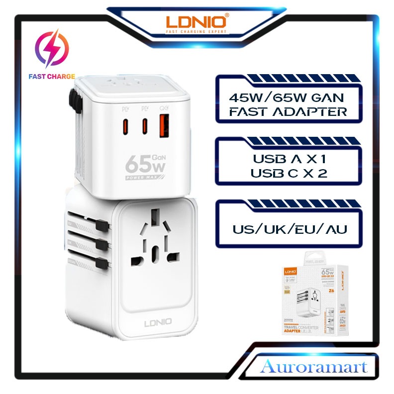 Ldnio Travel Adapter 45W 65W GaN Charger Universal Travel Adapter USB 2 ประเภท C International Plug 