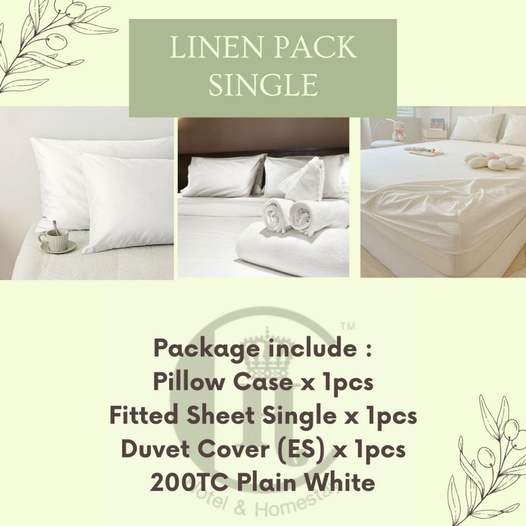 BEDDING SET 3 IN 1 HOTEL SERIES QUALITY - FITEDSHEET/PILLOWCASE/DUVET COVER 200TC PLAIN WHITE