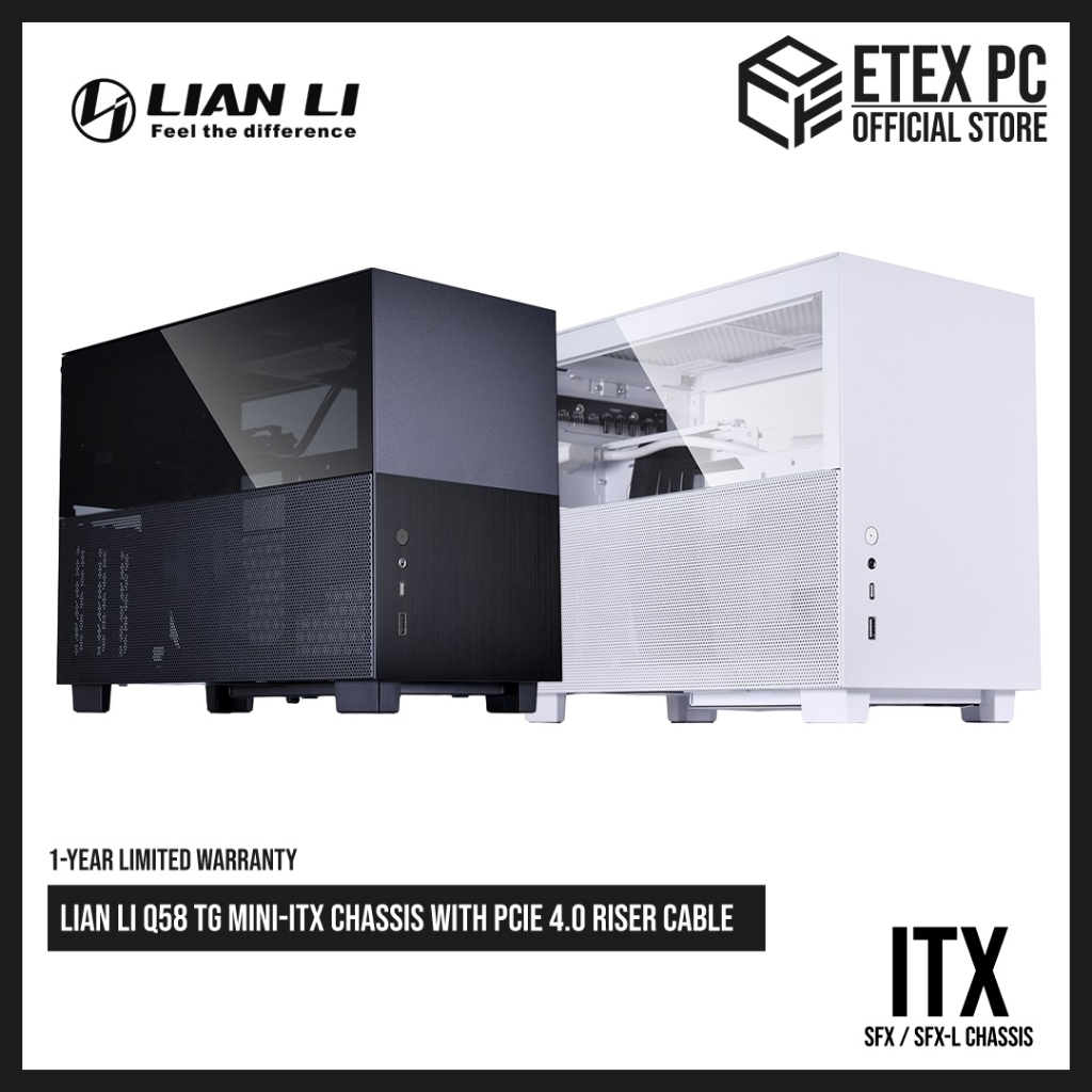LIAN LI Q58 TG Mini-ITX แชสซีพร้อมสาย PCIE 4.0 Riser - สีดํา / สีขาว