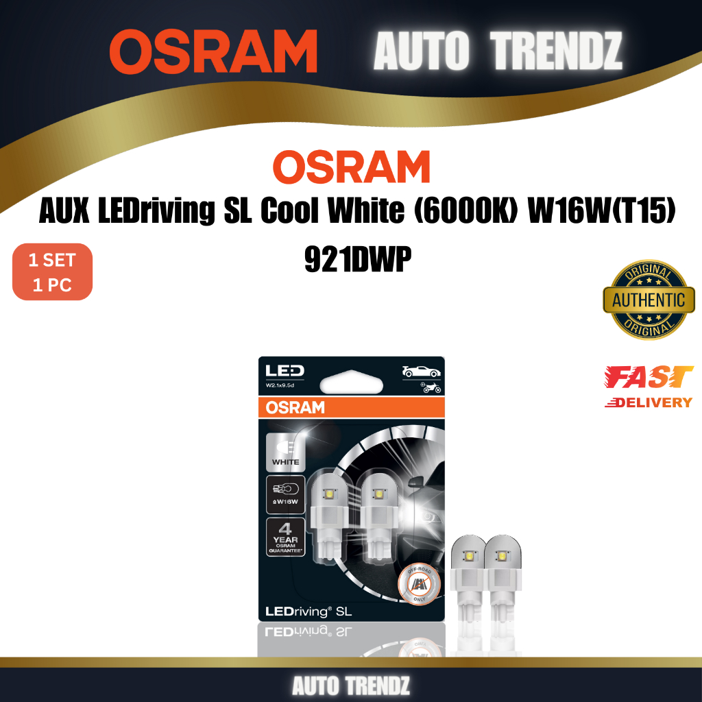 OSRAM AUX LEDriving SL COOL WHITE (T15) 6000K 921DWP W2.1x9.5d W16W 12V 2W 2 PCs Auto Trendz