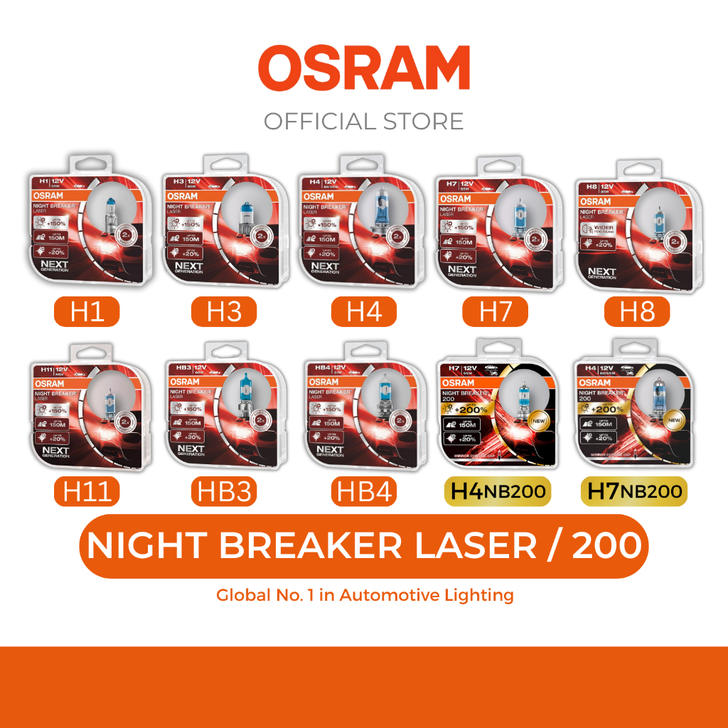 OSRAM Night Breaker Laser NB220 หลอดไฟฮาโลเจน 1 ชุด H1, H3, H4, H7, H11, H8, HB3, HB4 OSRAM อย่างเป็
