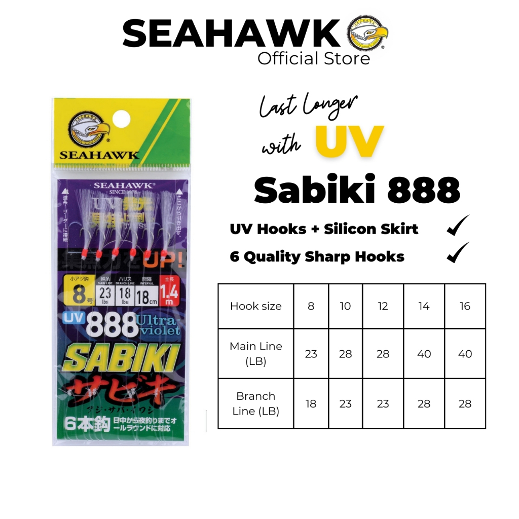 Seahawk Sabiki 888 Ultra Violet Last Longer with UV Hooks and Silicon Skirt Fishing Hooks