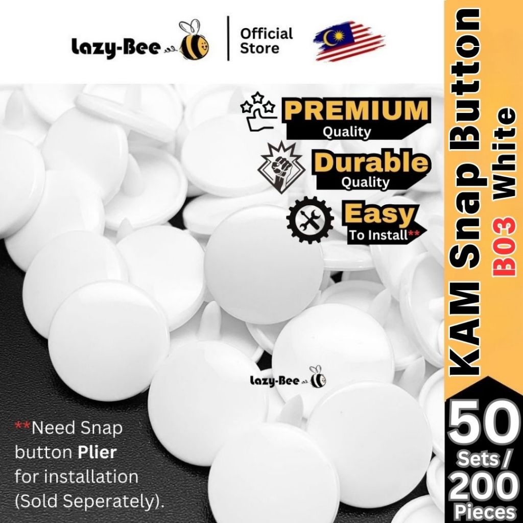 KM143: B3 สีขาว 50 ชุด (200 ชิ้น) T3 T5 T8 KAM ปุ่มสแน็ปตัวยึดพลาสติก DIY เย็บหัตถกรรม Face Shield G